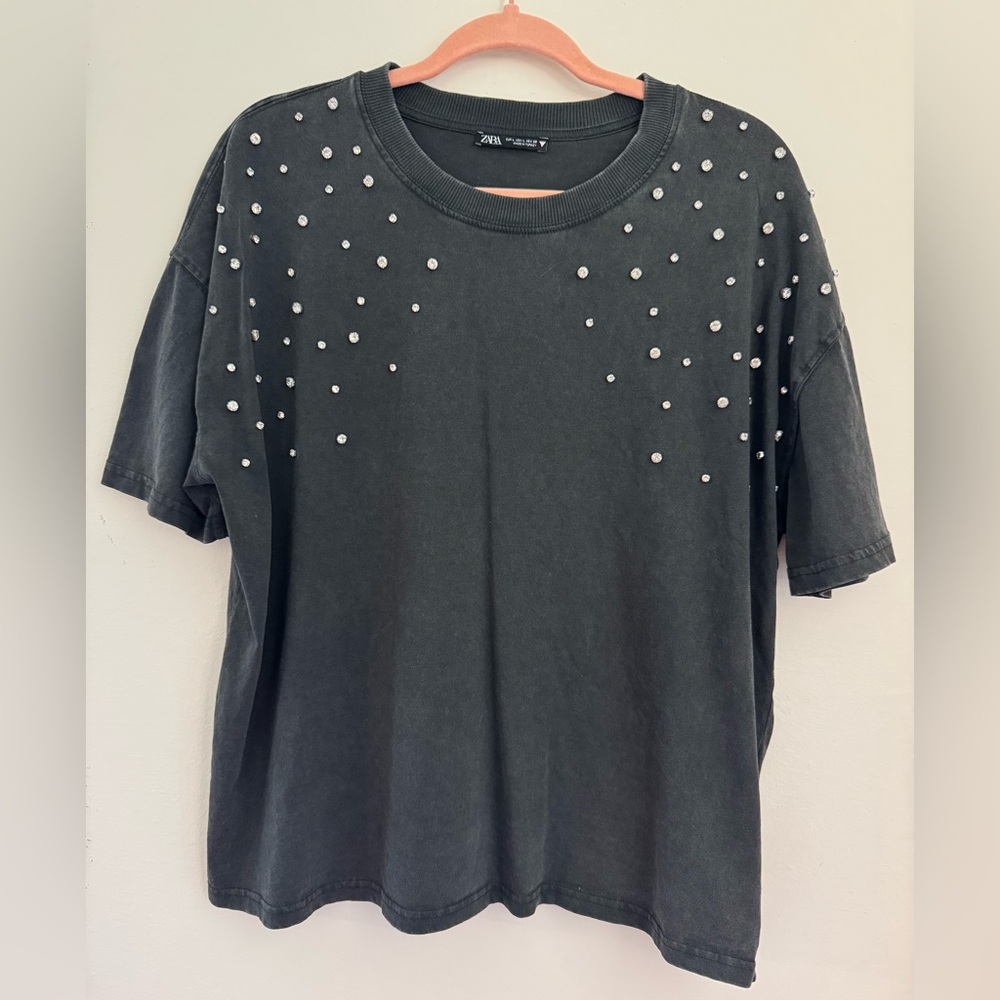 Zara Crystal Embellished Oversized Mineral Wash Tee | Size L